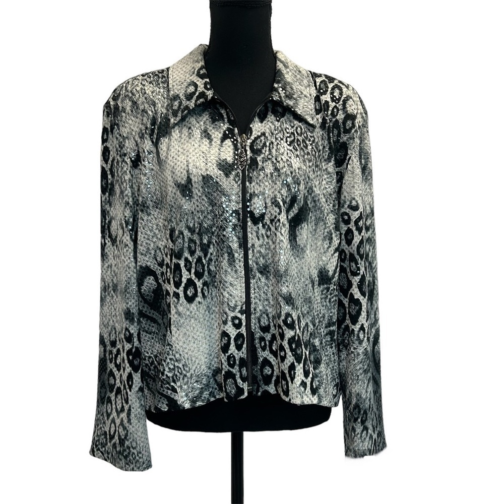 Joseph Ribkoff black gray sequin animal leopard print long sleeve zip-up jacket